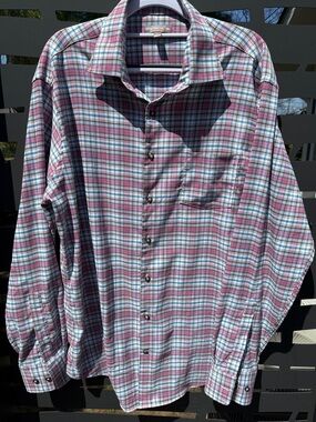 Peter Millar Plaid Dress Shirt in Pink and Light Blue Size L